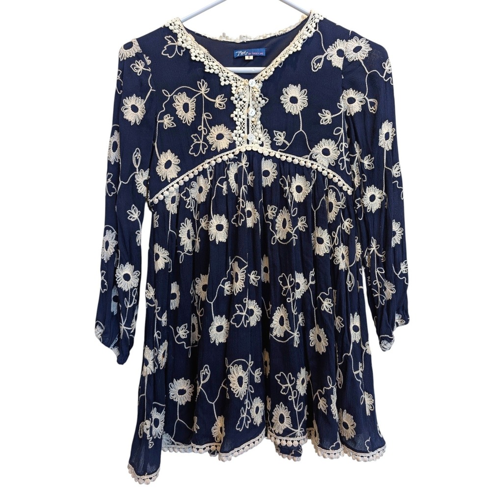 Truly Me Floral Boho Floral Embroidered Navy Tunic Top